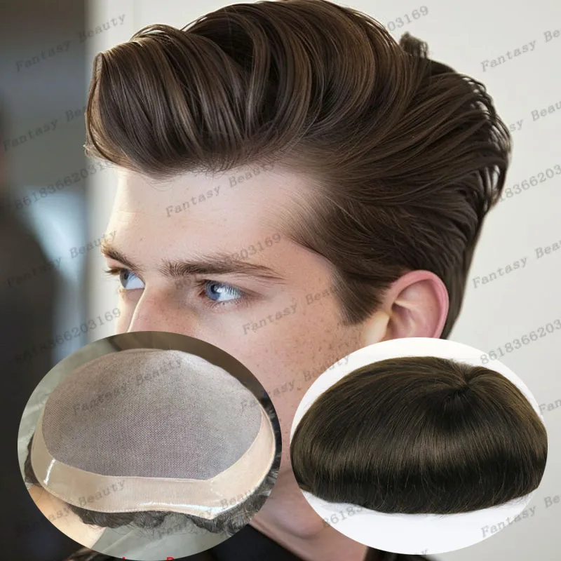 داكن كول براون طويل آخر رجل 6 بوصة Npu أحادية شبكة قاعدة الشعر المستعار غير قابل للاكتشاف حريري مستقيم/30 مللي متر متموج الذكور خصلات الشعر المستعار الإنسان نظام