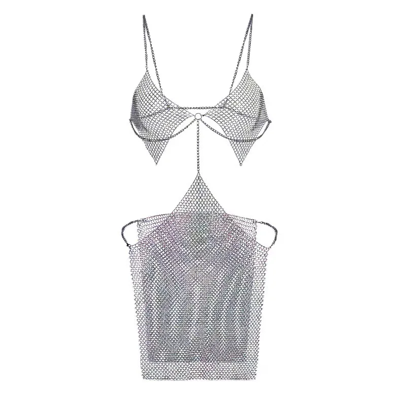 Women Transparent Sexy Lingerie Short Dress Metal Chain Erotic Body Female Underwear Teddy Babydoll Porn Hollow Sleepwear Set