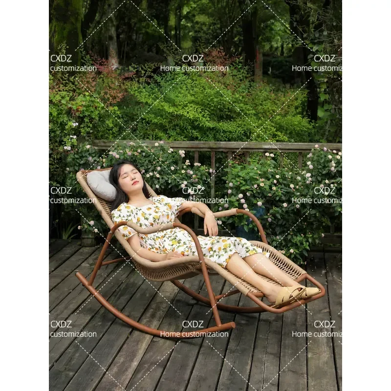 Rattan Reclining Rocking Chair for Outdoor Patio Balcony Terrace Household Leisure Nap Rest Comfortable Lazy Lounge Seat