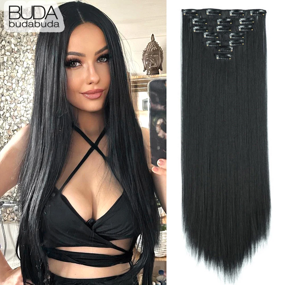 16 Clip dans les Extensions de Cheveux Synthétiques Longues Lignes Droites Coiffure Postiches Fibre Résistant À La Chaleur Naturel Noir Brun Or Faux