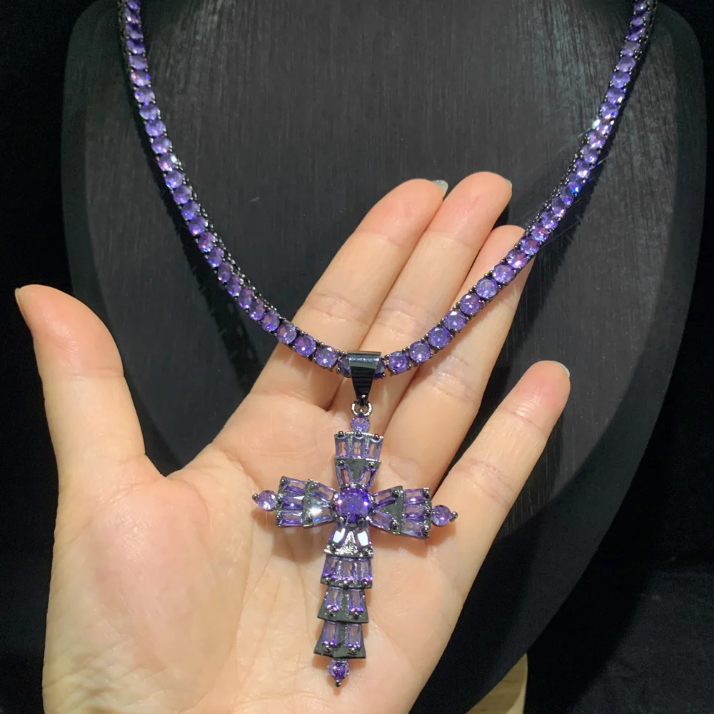 Icedminer Purple Cross Pendant Iced Out Tennis Link Chain Necklaces Set Men Women Bling Zircon Hip Hop Jewelry Free Shipping