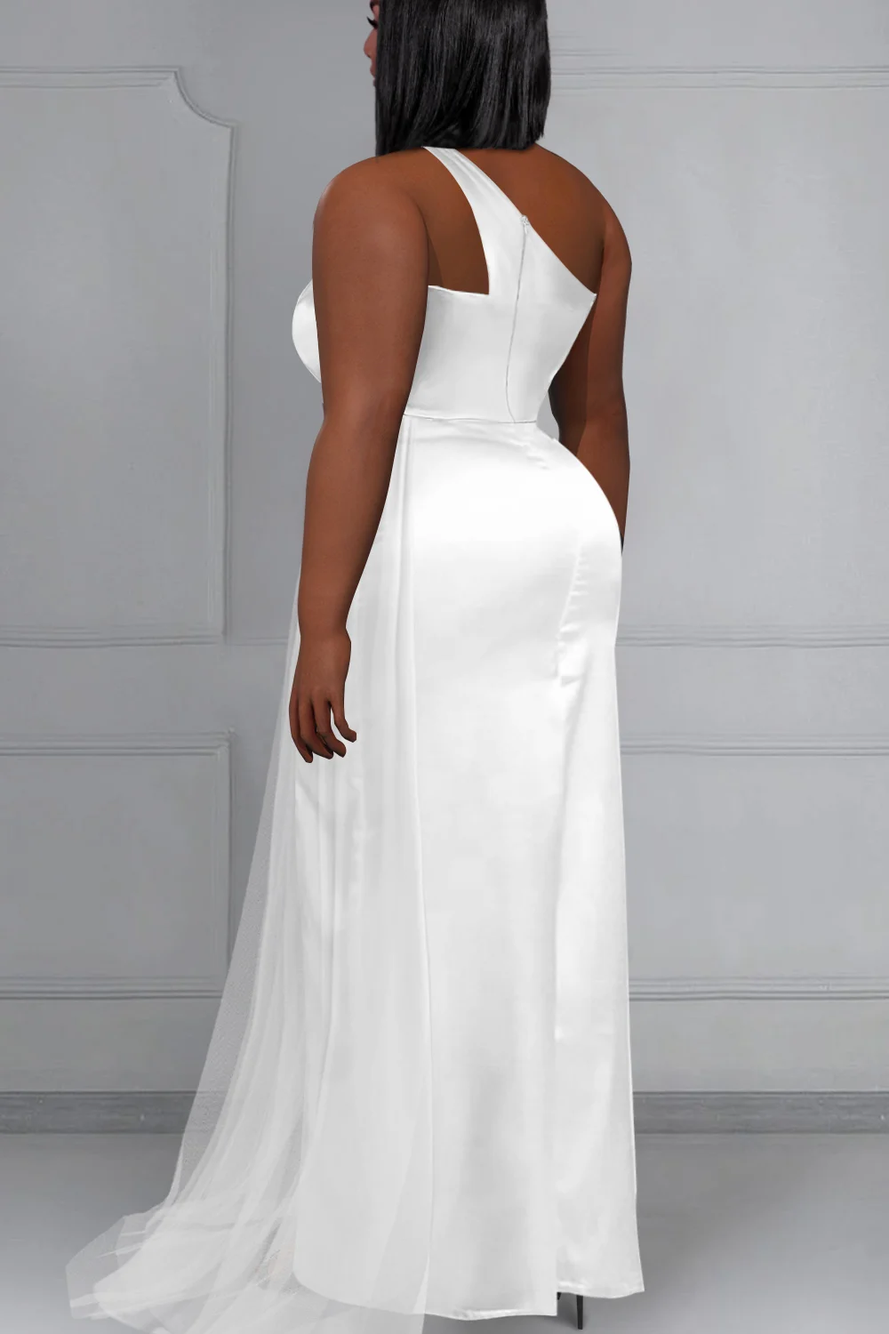 Plus Size Women's Dress Formal White One Shoulder Split Contrast Satin Maxi Dresses