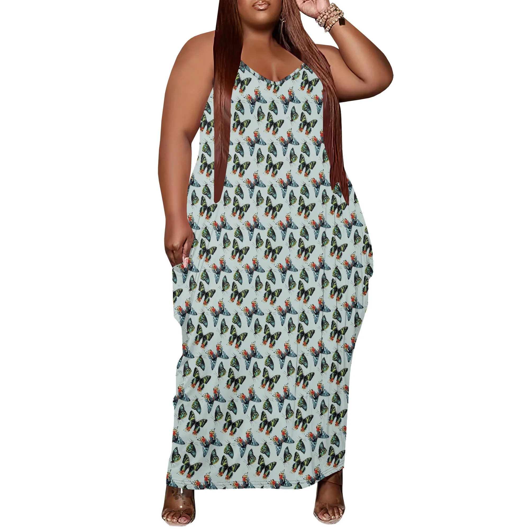 

Women Plus Size Dress Loose Halter Maxi Dress with Pocket Breathable Vintage Butterfly Print XL-6XL​