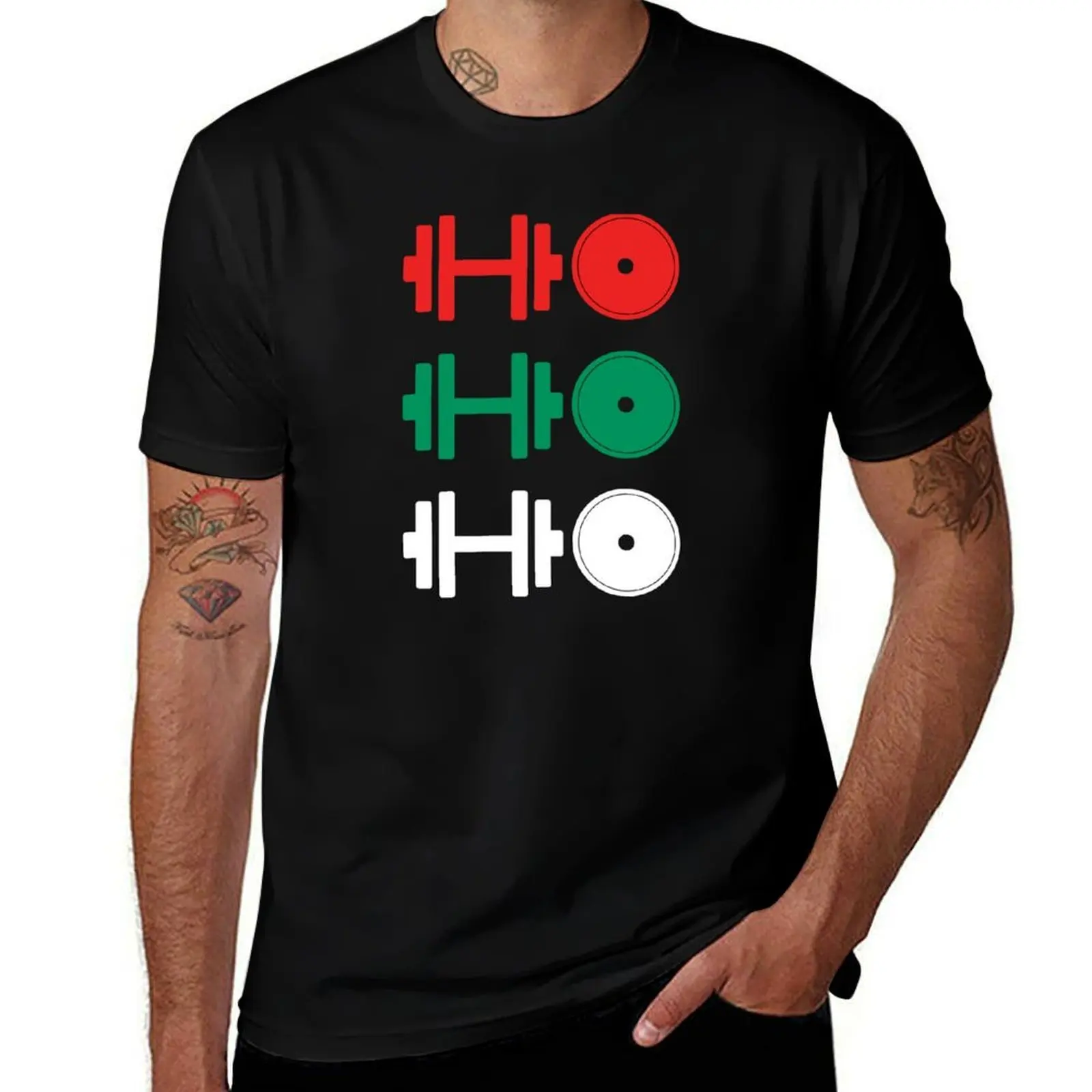 Ho Ho Ho! Dumbbell and Weight Plate T-Shirt Trendy Print Short Sleeve T-Shirt