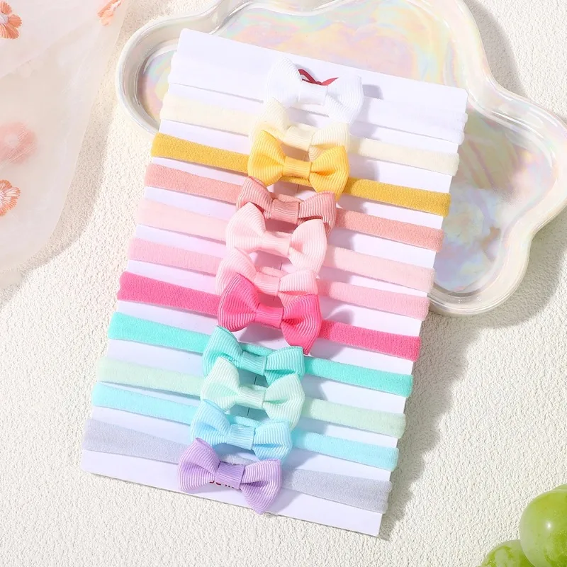 11Pcs Solid Color Bowknot Headband Set Mini Nylon High Elasticity Baby Head Bands Non-Damaging Hair Accessories