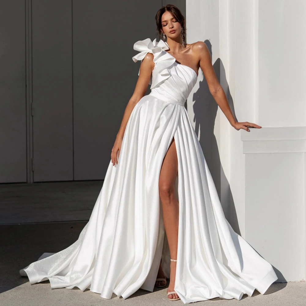 

Furtanseo A-Line Wedding Dresses Court Train Pleat High Side Slit 2023 New Satin Bridal Gowns Vestido De Noiva Plus Size