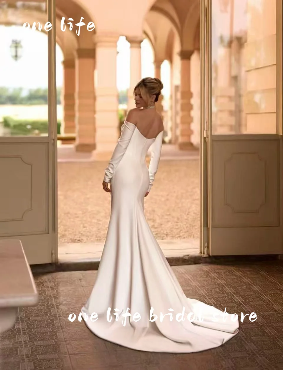 Vintage uma linha mulher vestido de casamento fora do ombro mangas compridas vestidos de noiva rendas pérolas trem varredura vestido personalizado de não