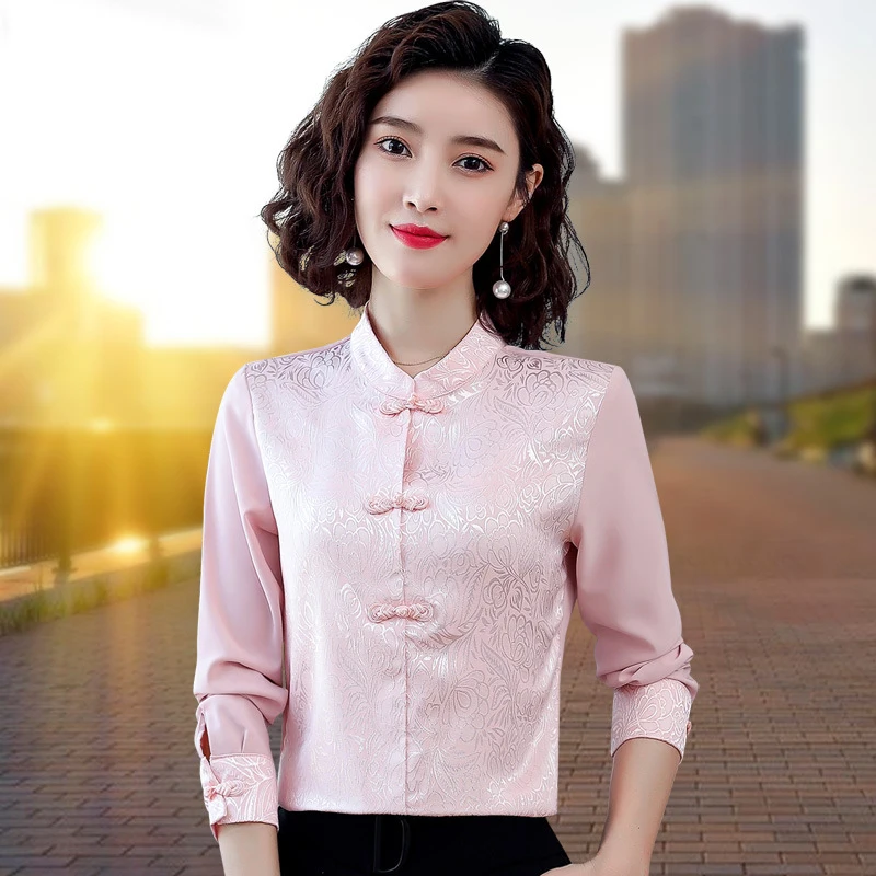 New Chinese Dobby Chiffon Shirts Women Long Sleeve Mock Neck Frog National 2024 Spring Fall Blouse Undershirt Floral Blouses Top