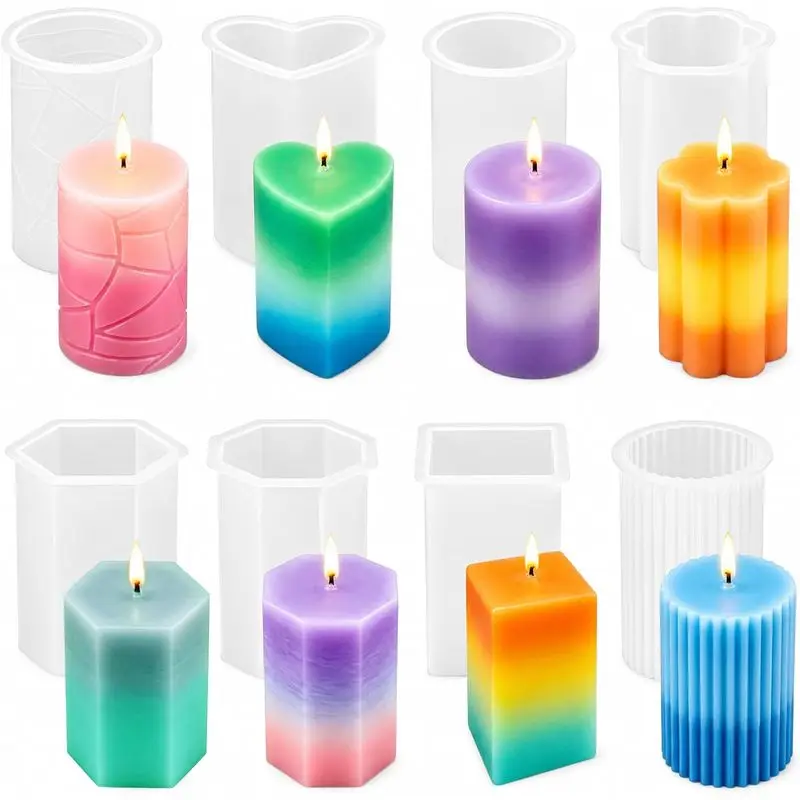 8Wax Mold Set，Reusable wax mold，Contains cylindrical shape、Square、Hexagon、Octagon、Heart-shaped and flower-shaped, among other de