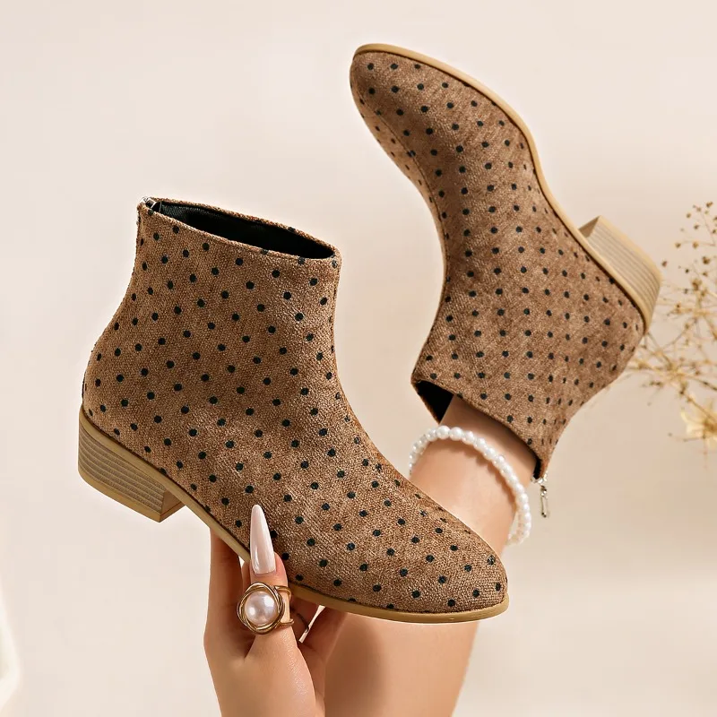 2026 Fashionable Polka Dot Round Toe Casual Women's Ankle Boots New Simple Style Mid Heel Outdoor Comfortable Boots for Women