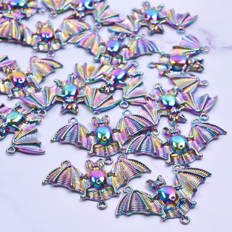 5pcs/Lot Rainbow Color Bat Suckle Vampire Fangs Wings Animal Pendant Metal Connector Charms For Keychain Making Supplies DIY