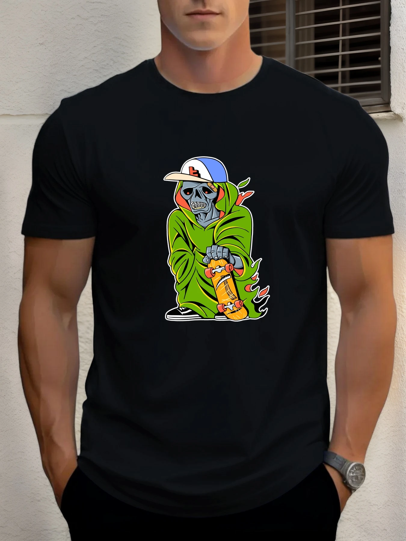 

2025 Summer Men's Cotton T Shirt Skull Skateboard Trendy Print Round Neck T-Shirt Casual Breathable Street Style Daily Top