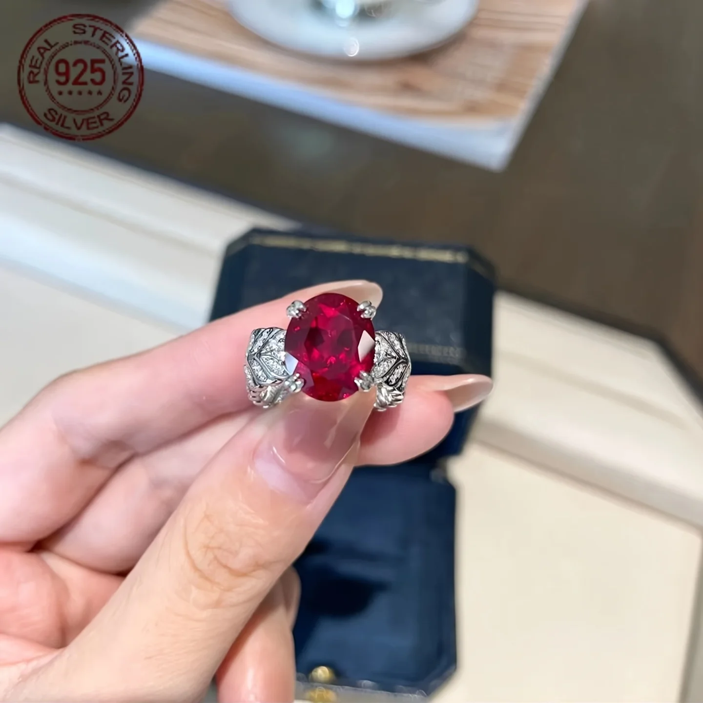 فاخر البيضاوي قطع 9.52CT مختبر روبي مع زركون 925 فضة خواتم للنساء خمر خاتم الزواج غرامة مجوهرات #3