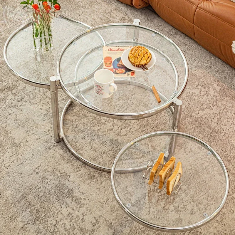 

A Coffee Table in Stainless Steel Tea Table for Apartment With Movable Rotating Edge Table with Tempered Glass