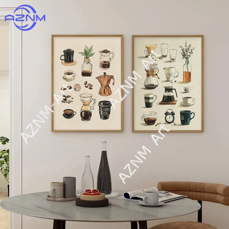 1/2 Stück Retro Kaffee-Diagramm Rustikales Poster Kaffeeliebhaber Bar-Wagen Minimalistischer Druck Küche Getränke Wandkunst Leinwand Café Wanddekoration