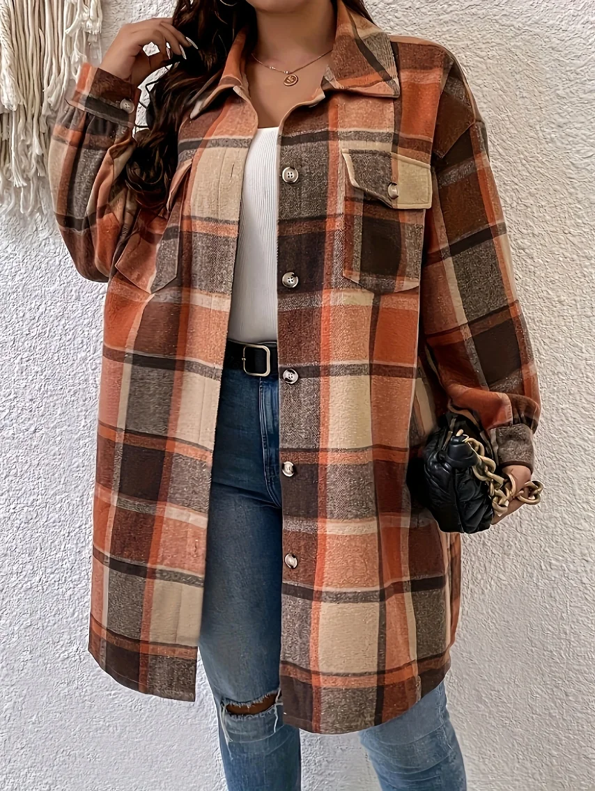 

Женская рубашка больших размеров, куртка больших размеров, осенне-зимняя клетчатая рубашка с накладными карманами и длинными рукавами, рубашка больших размеров