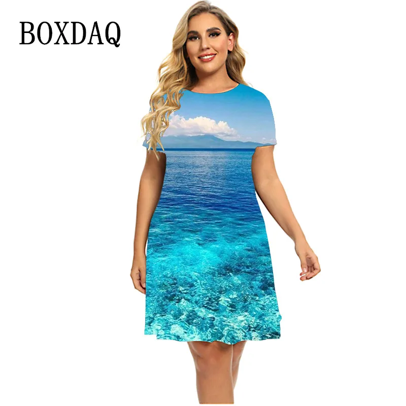 Vestidos estilo praia de cenário natural feminino, mini-vestido de manga curta, casual com gola redonda, roupas soltas estampadas, plus size 6XL, verão