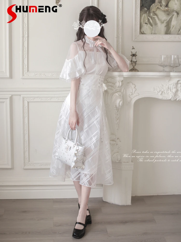 

Japanese Elegant Style Ruffles Stand Collar Lace Cape Sleeve Shirt High Waist Lace-up Slim A-line Long Skirt Two-piece Set Women