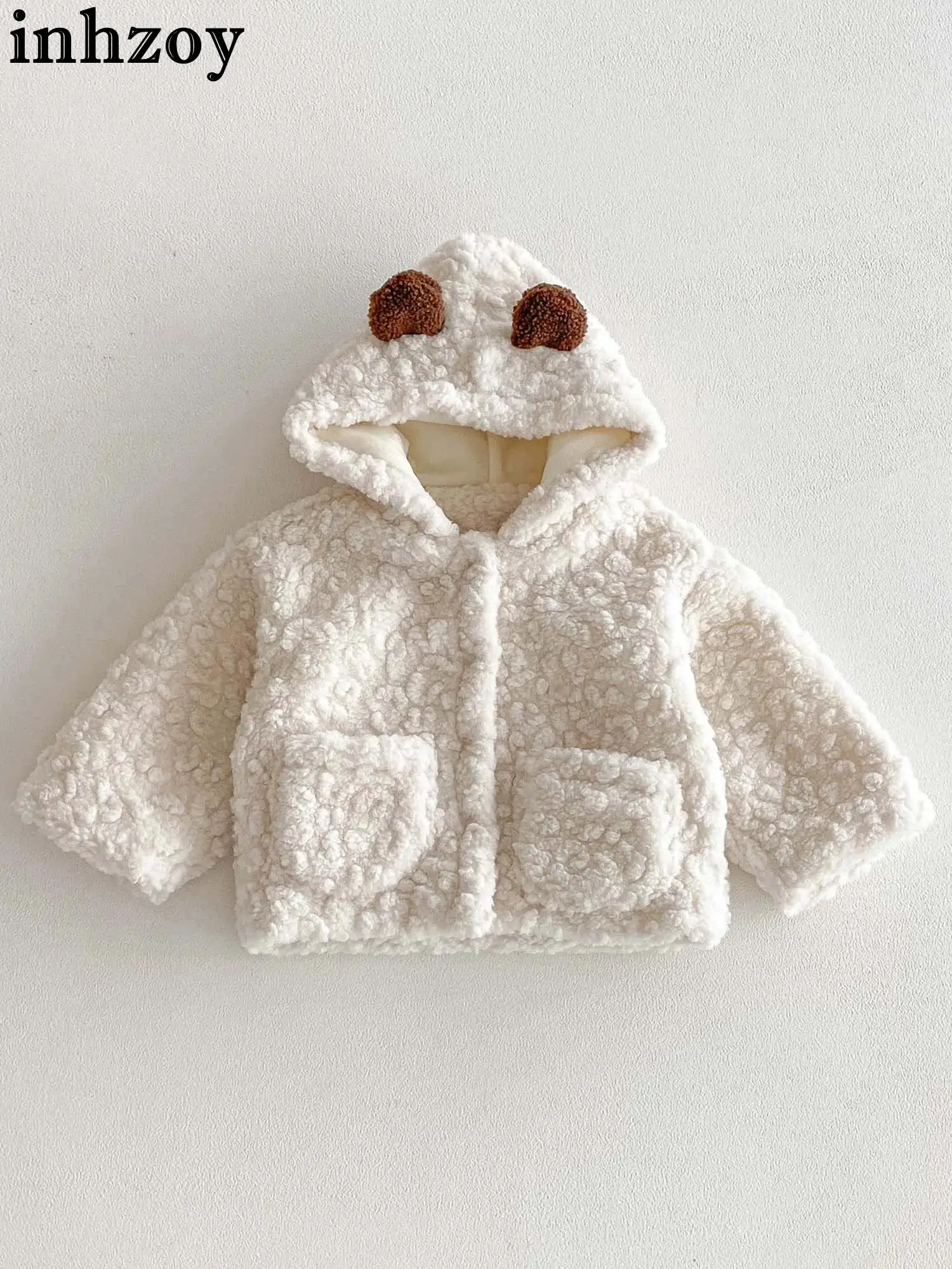 

Зимняя теплая толстая флисовая куртка с капюшоном для малышей, с длинными рукавами, милые медвежьи уши, пуговицы, плюшевое пальто, уличный зимний комбинезон, верхняя одежда