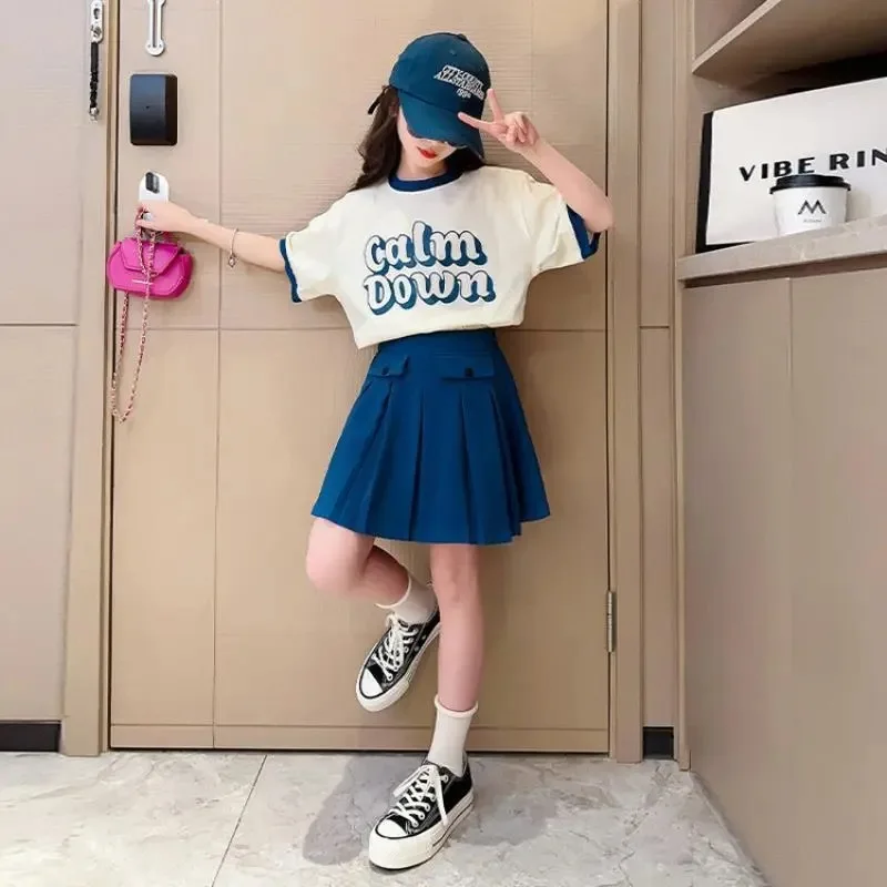 Summer Teenage Girls Clothes Set Children O-Neck Tshirt and Pleats Skirts Suit Student School Short Sleeve Top Bottom Outfits