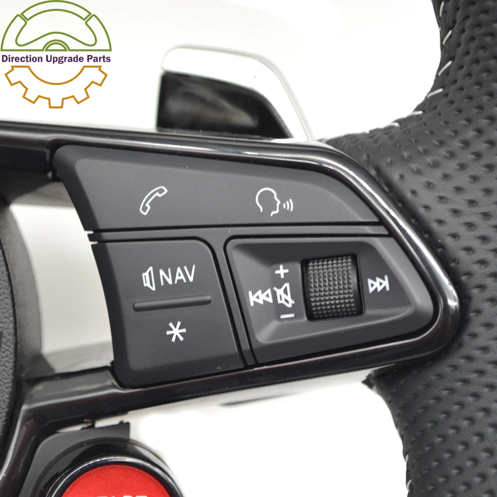 For Audi R8 Customize Perforated Leather White Thread Stitching Black Piano Paint Frame Trim Shift Paddle Steering Wheel