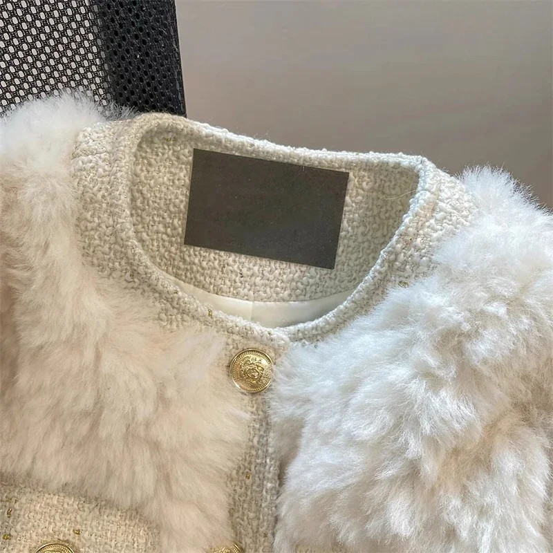 Eleganckie płaszcze ze sztucznego futra jagnięcego dla kobiet Koreańska moda Patchwork Słodkie kurtki Zimowe grube ciepłe O Szyja Sztuczne futro Odzież wierzchnia