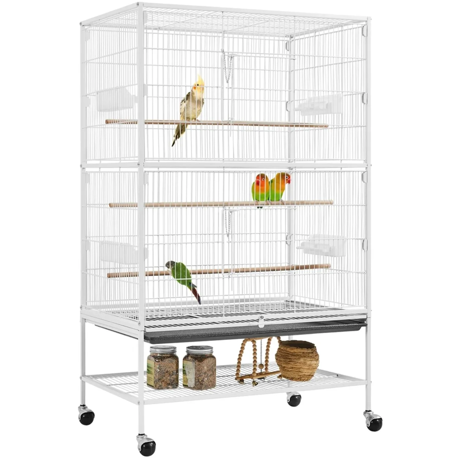 52″ H Rolling Metal Parrot Cage with 3 Perches & 4 Feeders & Extra Storage Shelf, White