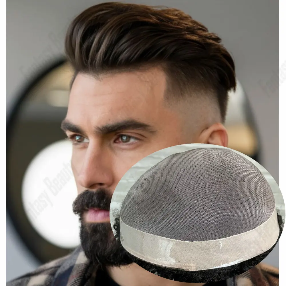 شعر مستعار للرجال قابل للتنفس ومتين وقاعدة أحادية شعر بشري مستعار للرجال مقاس 6 بوصات نظام استبدال الشعرية للرجال باللون الأسود والبني #1