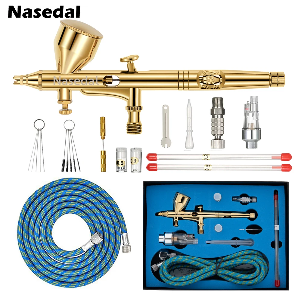 Imagem -02 - Nasedal-conjunto de Pistola de Pintura Dupla Aerógrafo 9cc 0.2 mm 0.3 mm 0.5 mm Maquilhagem Escova de ar Rosto Tatuagem Arte Ferramenta Diy
