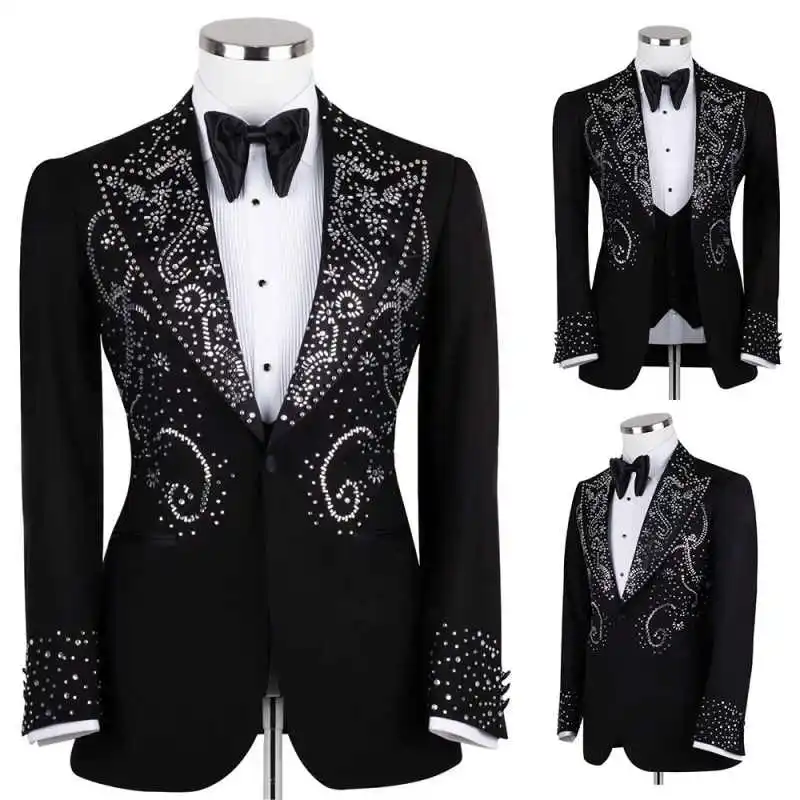 

Luxurious Men Suits Peaked Lapel One Button Jacket Blazers Crystals Groom Wedding Tuxedos 2 Pieces Customized Wear