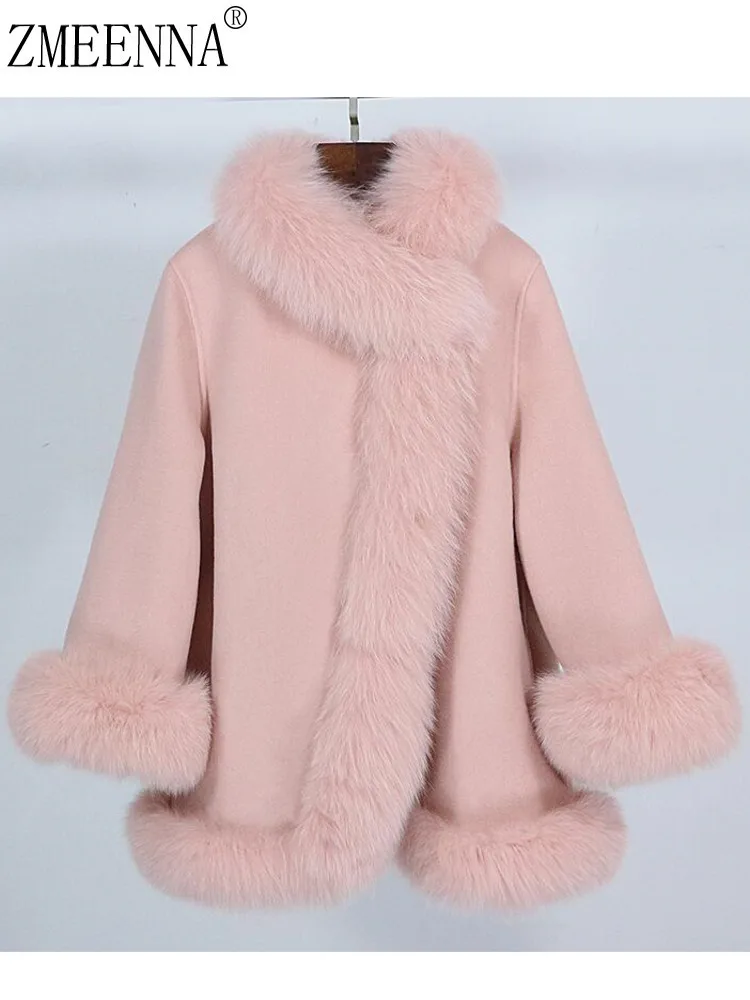 

ZMEENNA Luxurious Pink Faux Fur Trimmed Wool Blend Coat For Women Elegant Long Sleeve Winter Jacket Chic Formal ZM3612