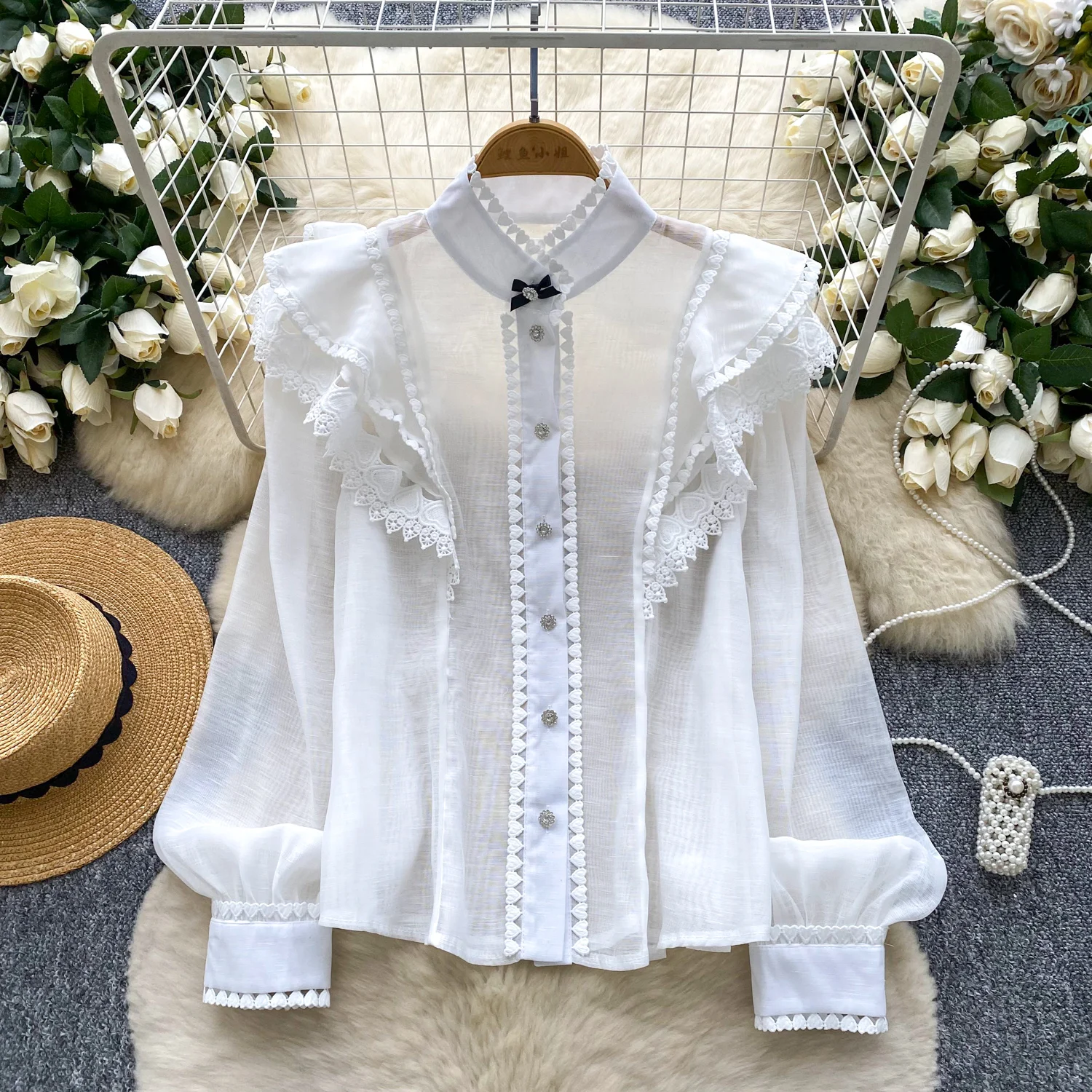 

Vintage Elegant Single Breasted lace long sleeve Blouse Fashion Shirt Chic Top autumn women clothing