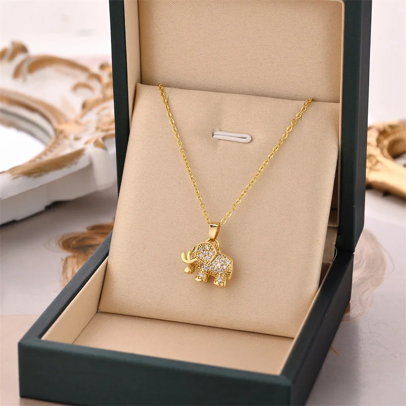 Women\'s Luxury Cubic Zirconia Elephant Pendant Necklace Stainless Steel Chain Aesthetic Statement Vintage Jewelry for Girls Gift