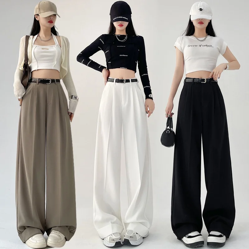 Real Shot Flanger Pak Wijde Pijpen Women2024Spring Losse Casual Hoge Taille Afslanken Rechte Broek Drapering Effect Mop Broek