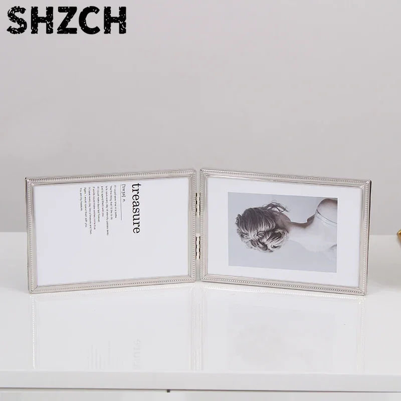 Hinged Double Simply Silver Metal Picture Frames, Elegant Silver Plated Metal Photo Frames for Desktop