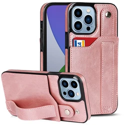 Shockproof Leather Kickstand Case, Card Holder Wallet Phone Cover, For iPhone 15 Pro Max 16 14 13 12 11 XR, Hand Strap Stand