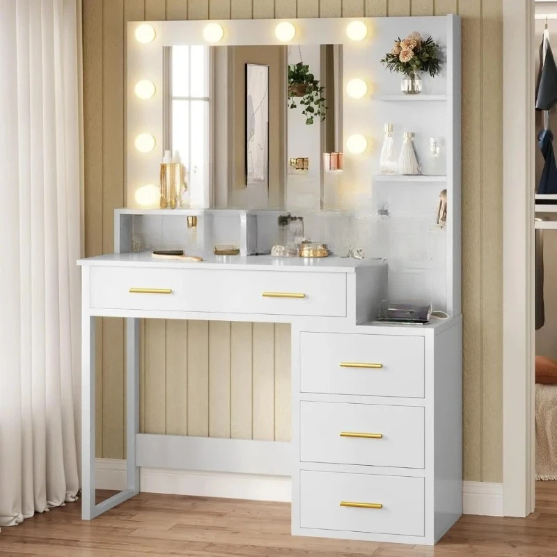 

Modern Vanity Desk with Mirror & 3 Lighting Modes,Vanity Table with USB Ports and Outlets,Makeup Desk with Nightstand