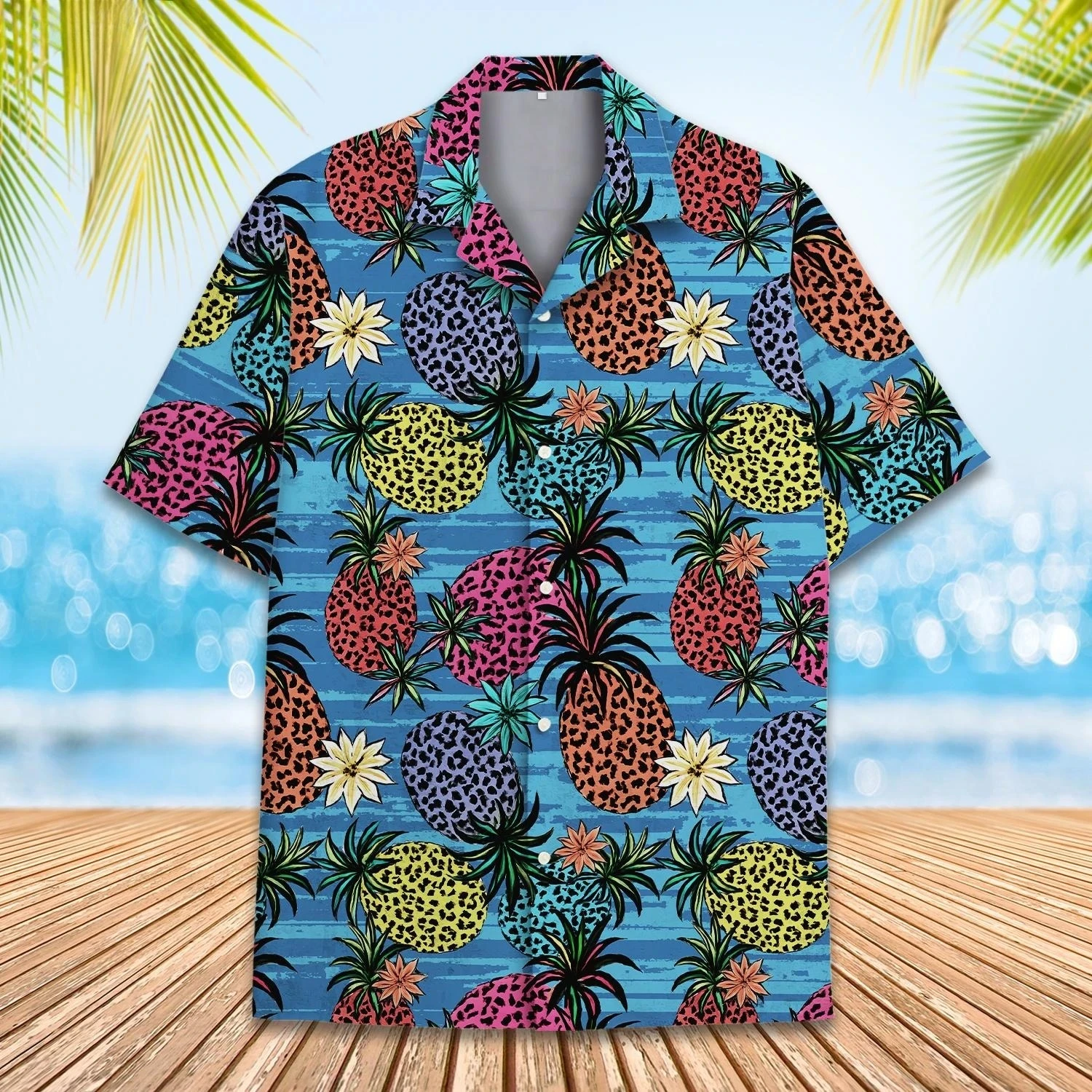 Hot Sale Men 3D Print Polyester Shirt, Stylish Comfortable Short Sleeve Lapel Colorful Pineapple Beach Casual Button Up Top