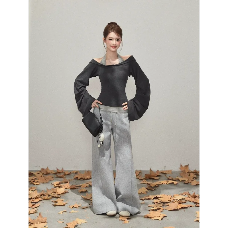 

Осенняя женская футболка с длинными рукавами на одно плечо, универсальный короткий топ с открытыми плечами и дизайном талии