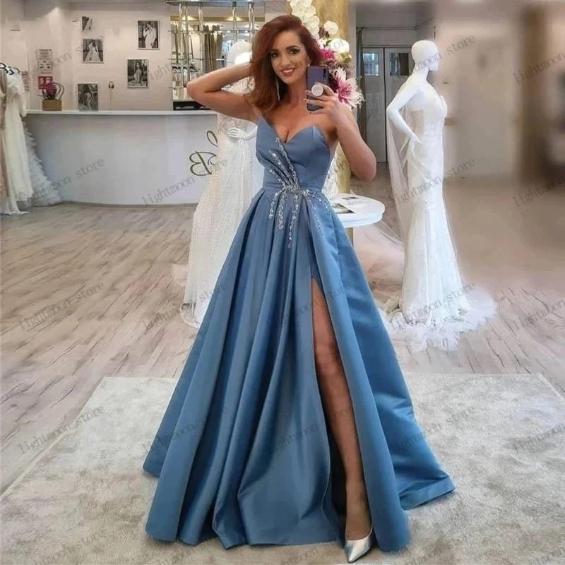 

Classic Prom Dress A-Line Taffeta Evening Dresses Strapless Backless Sexy Ball Gowns Sequin Appliques Elegant Vestidos De Gala