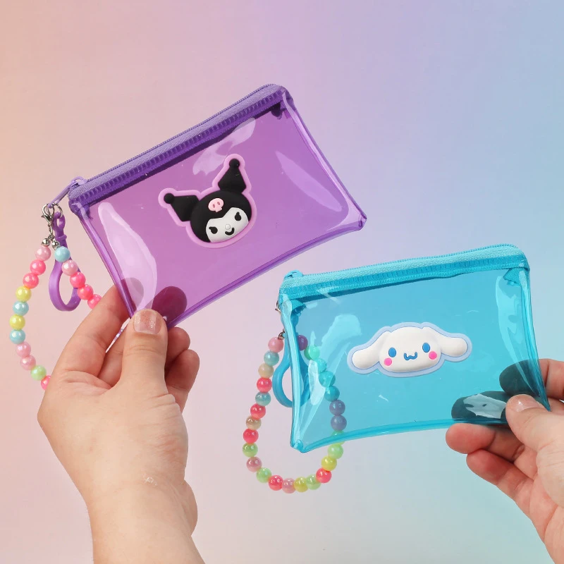 Cartoon Sanrio Portemonnee Kleurrijke Doorzichtige Portemonnee Sleutelhanger Draagbare Pvc Waterdichte Portemonnee Opbergtas Kaarttas Sleutelhanger