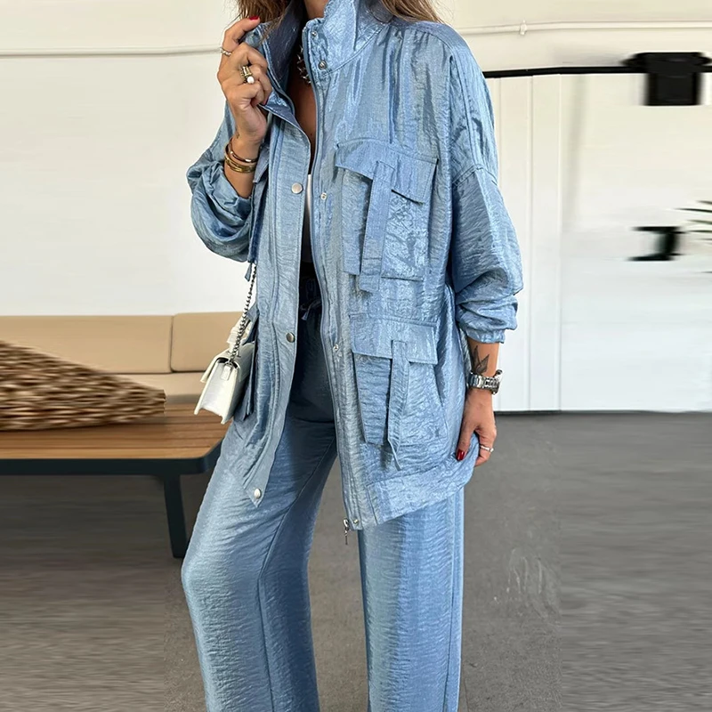 High Street Multi-pockets Cargo Long Sleeve Jackets&Pants Suit Women 2024 Solid All Match Two Piece Outfit Female Loose Outfits