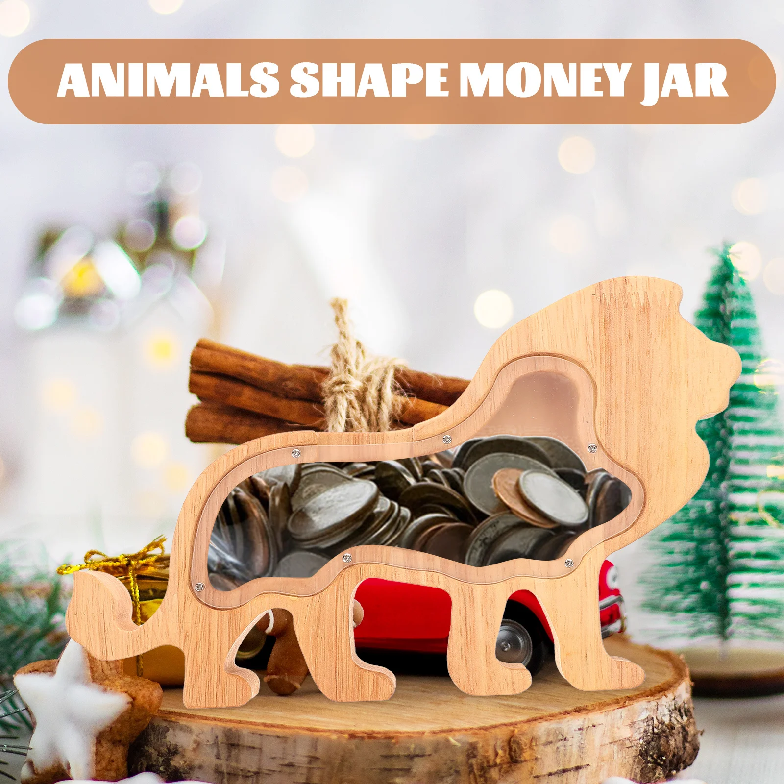 

Wooden Cartoon Lion Animal Money Box Transparent Saving Pot Decorative Coin Jar Piggy Bank Gift Money Box Wood Coin Container