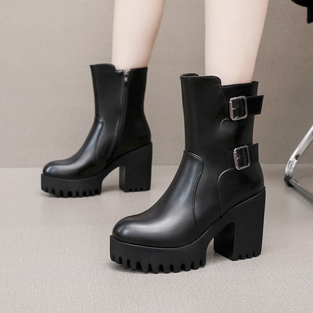 8cm 10cm Size 32-43 Quality Mid Leg Soft Leather Boots Thick Platform Shoes Winter 2026 Block High Heels Short Boots Office Work