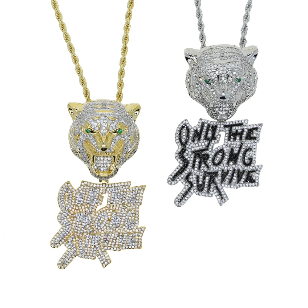 2024 Iced Out Sparking Bling Cz Rock Punk Hip Hop Jewelry Men Boy Charm Letter Strong Survive Choker Tiger Head Pendant Necklace