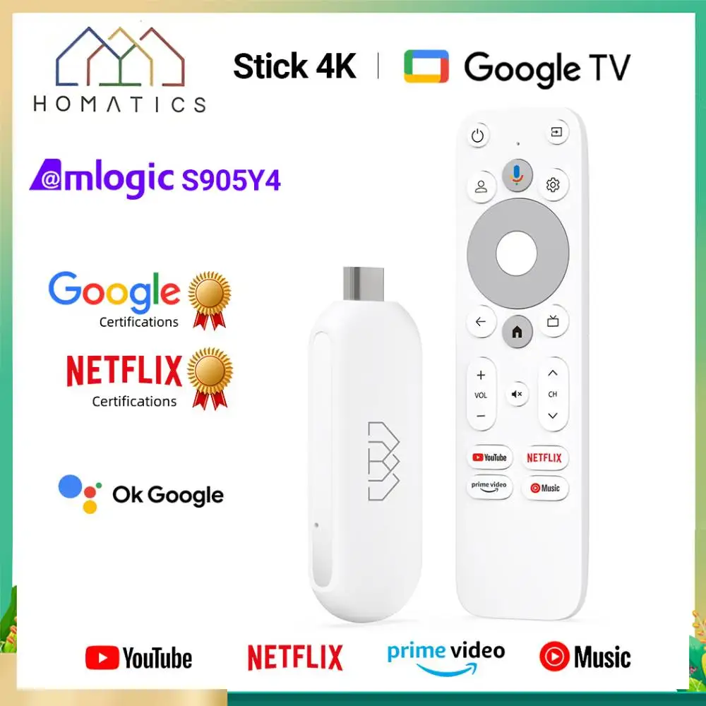 Netflix Google Certified Amlogic S905Y4 Google TV 12.0 Box HOMATICS 4K TV Stick H.265 2T2R Wifi Support Dolby Atmos AV1 2GB 32GB