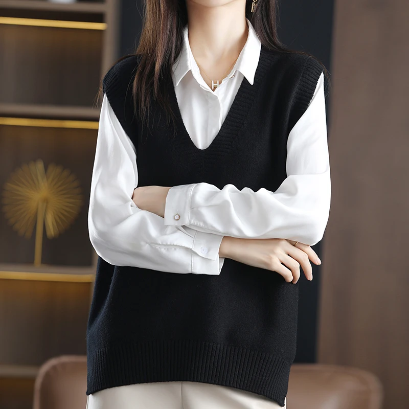 Outerwears V-Neck Black Knitted Women Sweater Vest New Sleeveless Knit Sweater Vest Women Tops Sweaters Sueters De Mujer Q2153