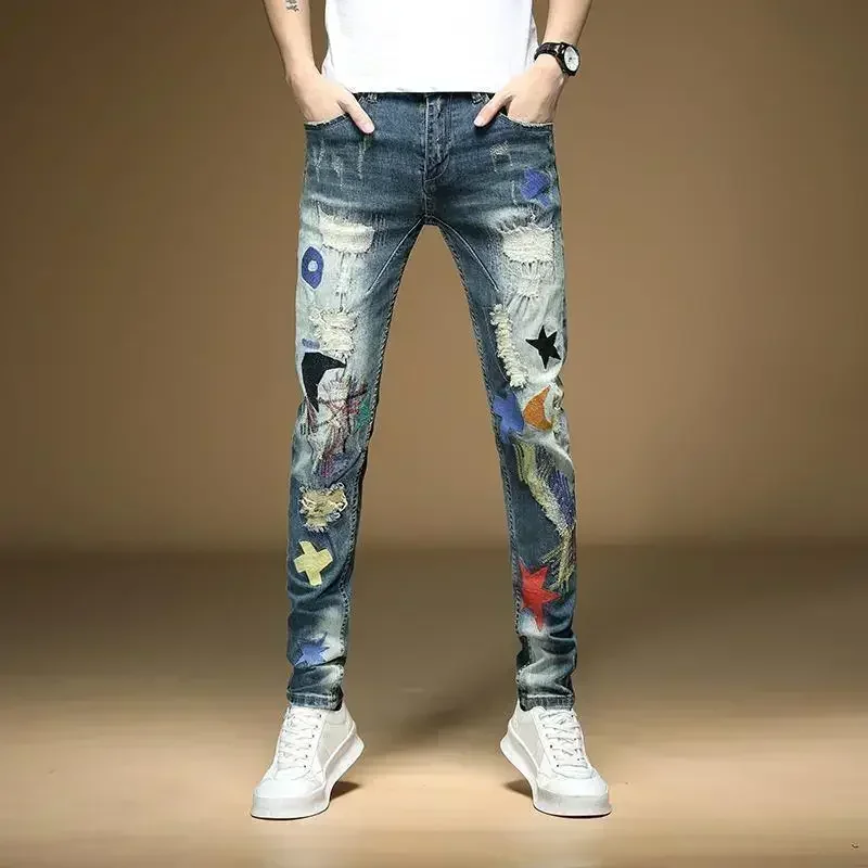 

Man Cowboy Pants Skinny Trousers Torn Tight Pipe Men's Jeans Graphic Slim Fit with Holes Star Patch Ripped Broken 2024 Fashion