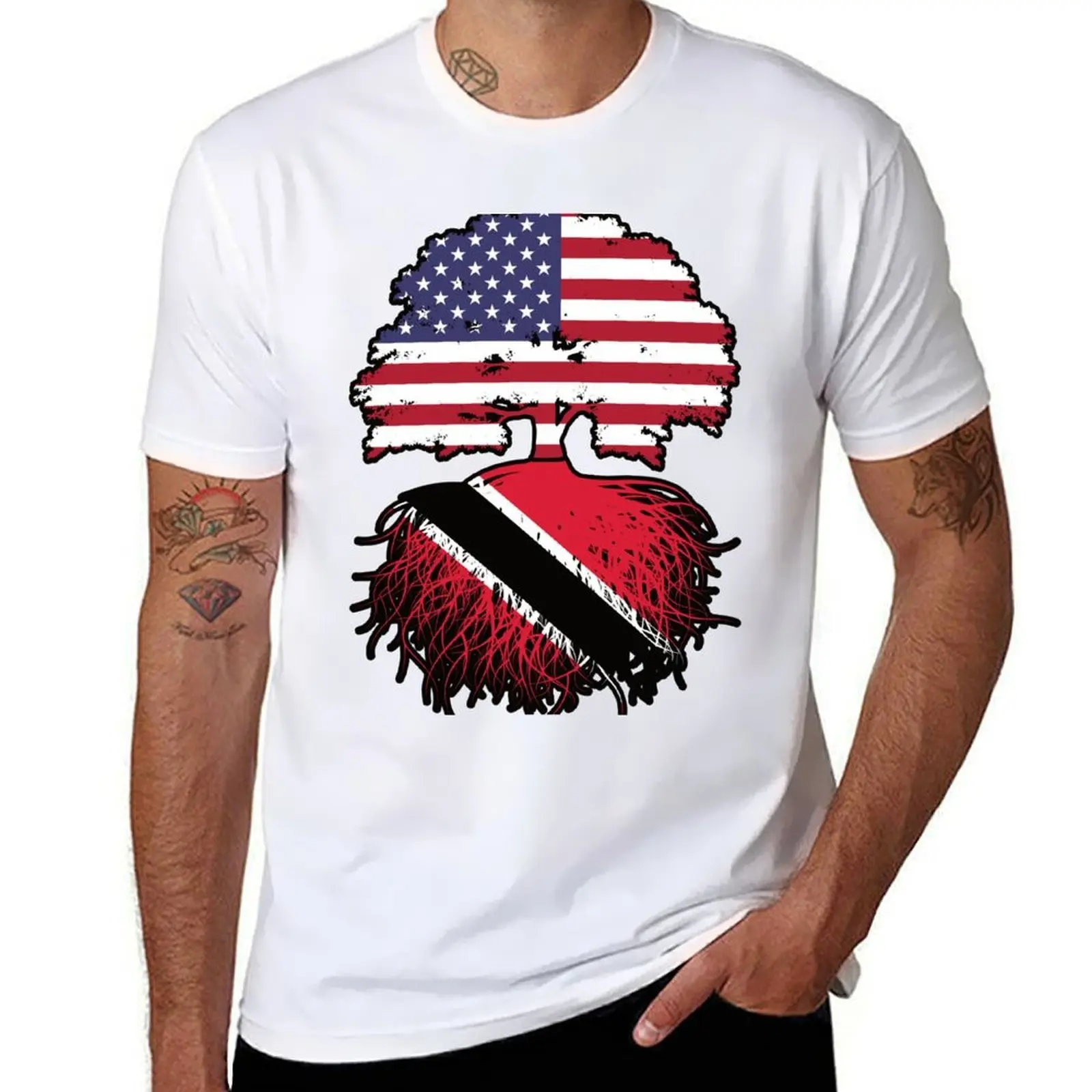 

Trinidad and Tobago Trinidadian American USA Tree Roots Flag T-Shirt man tshirt cotton t shirts high quality T-Shirt