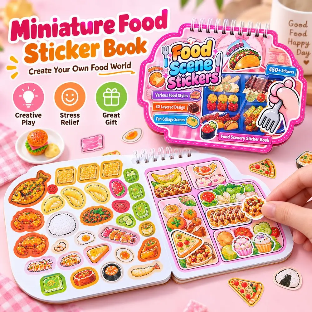 Self Adhesive Food Scene Sticker Book Cute Style Food Pattern 3D Scene Sticker Set Colorful Food Collage Stickers Scrapbooking